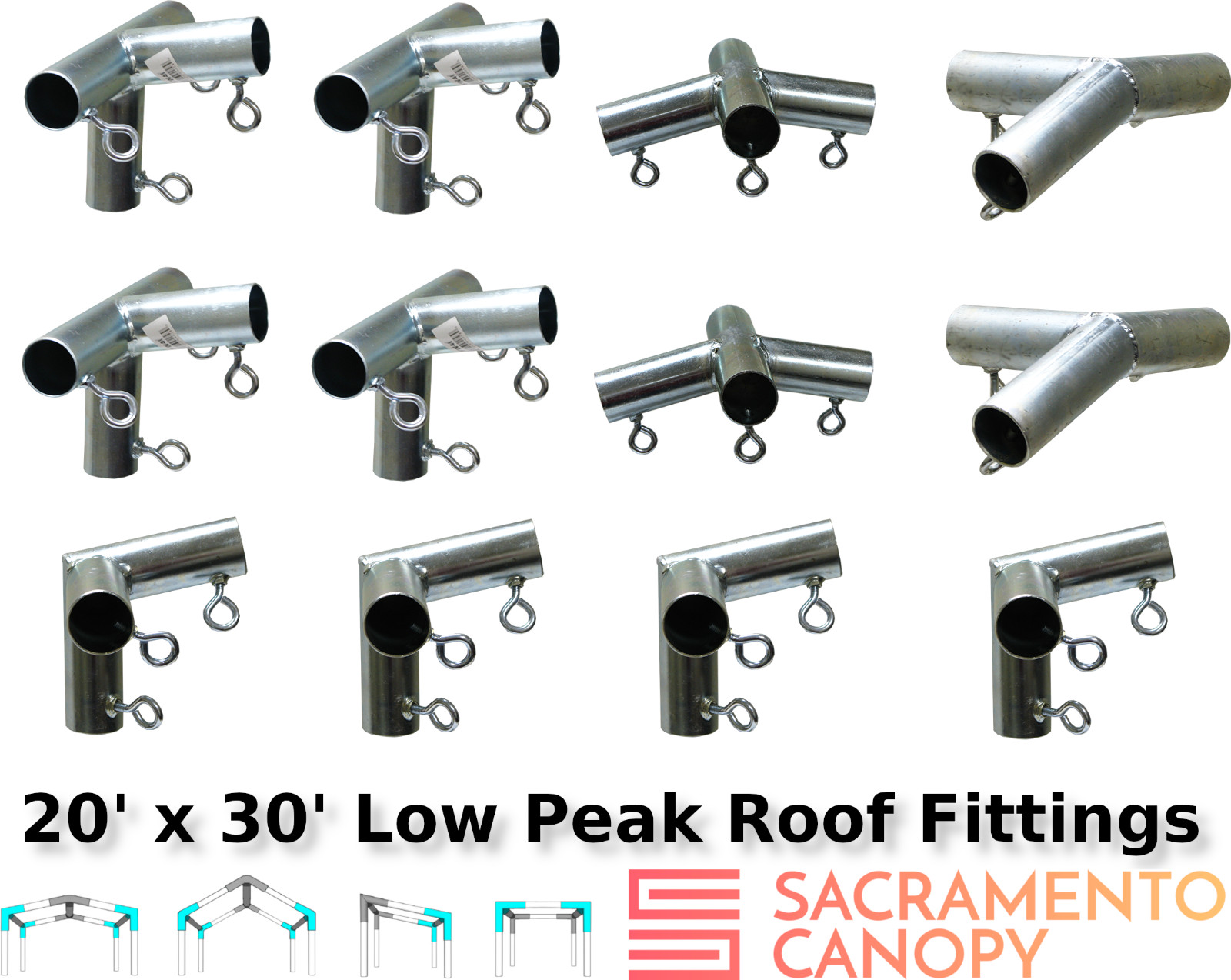 Low Peak Canopy Fittings Kits (20' Wide Width), DIY Carport & Greenhouse, 1-1/2"