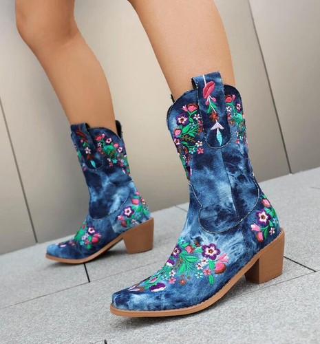 Embroidered Vintage Chunky Heel Mid Calf Boots Pointy Toe Womens Shoes Oversize - Picture 4 of 11