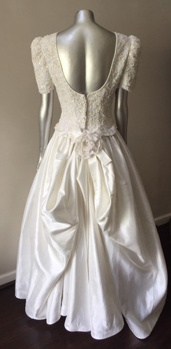Sweetheart Halter Pearl Lace Tafetta White Bustle Train Wedding Gown Dress Sz 6 - Picture 6 of 7