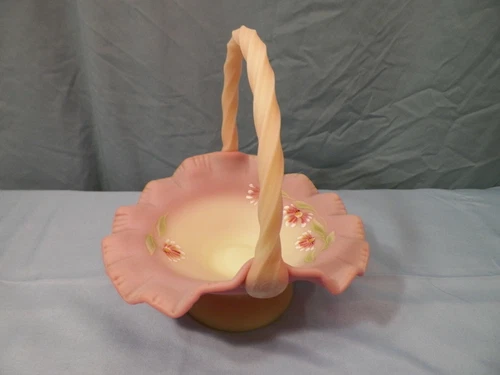 Fenton Hand Painted Burmese Glass Basket Pink & White Flowers 8 1/2" Tall INV2