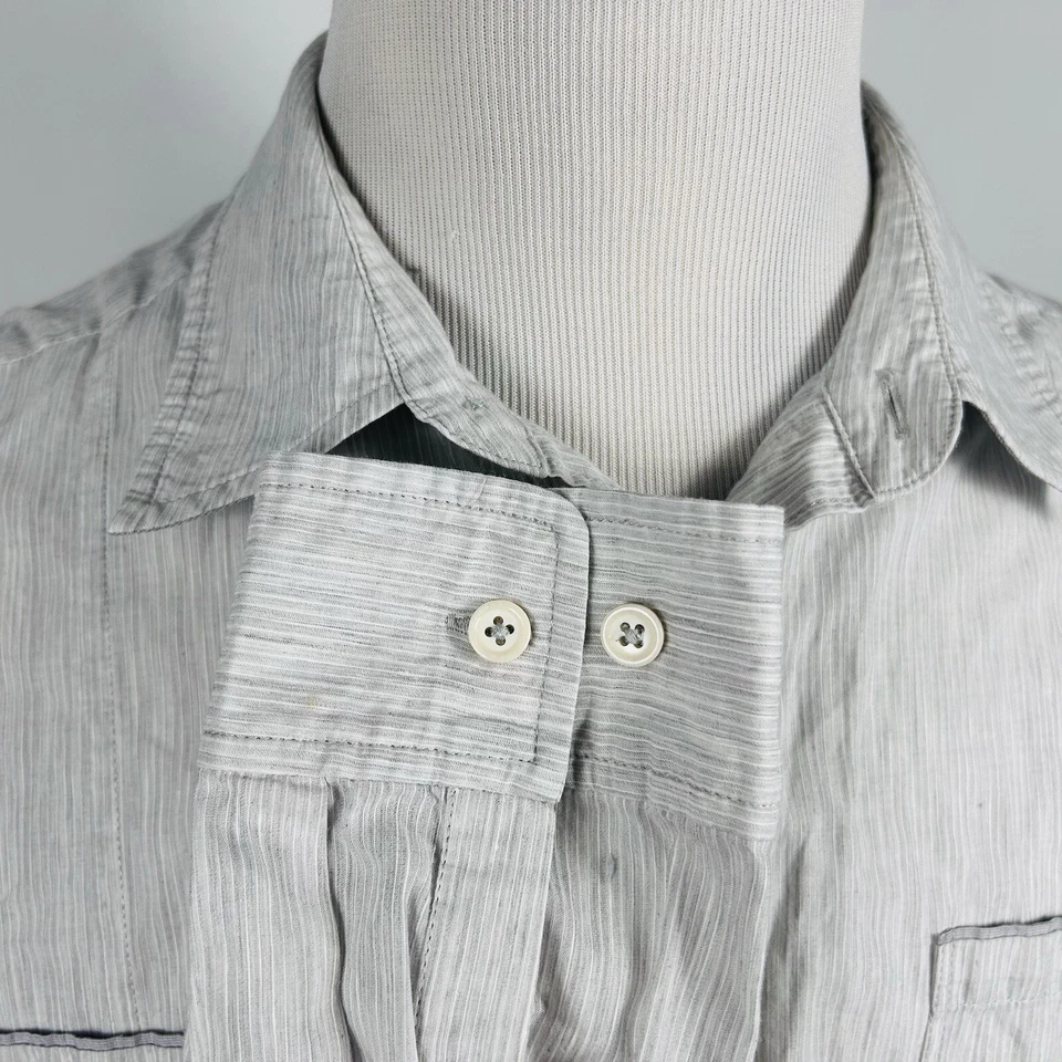 Elie Tahari XL Linen Cotton Blend Shirt Causal Button Front Gray White Striped - Image 4 of 4