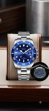 Ailifeida Montre homme automatique plongeur cadran bleu date métal argenté