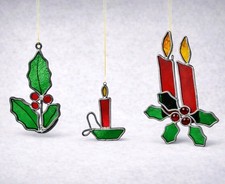 VTG Stained Glass Christmas Holly Candles Suncatcher Handmade Holiday Decoration
