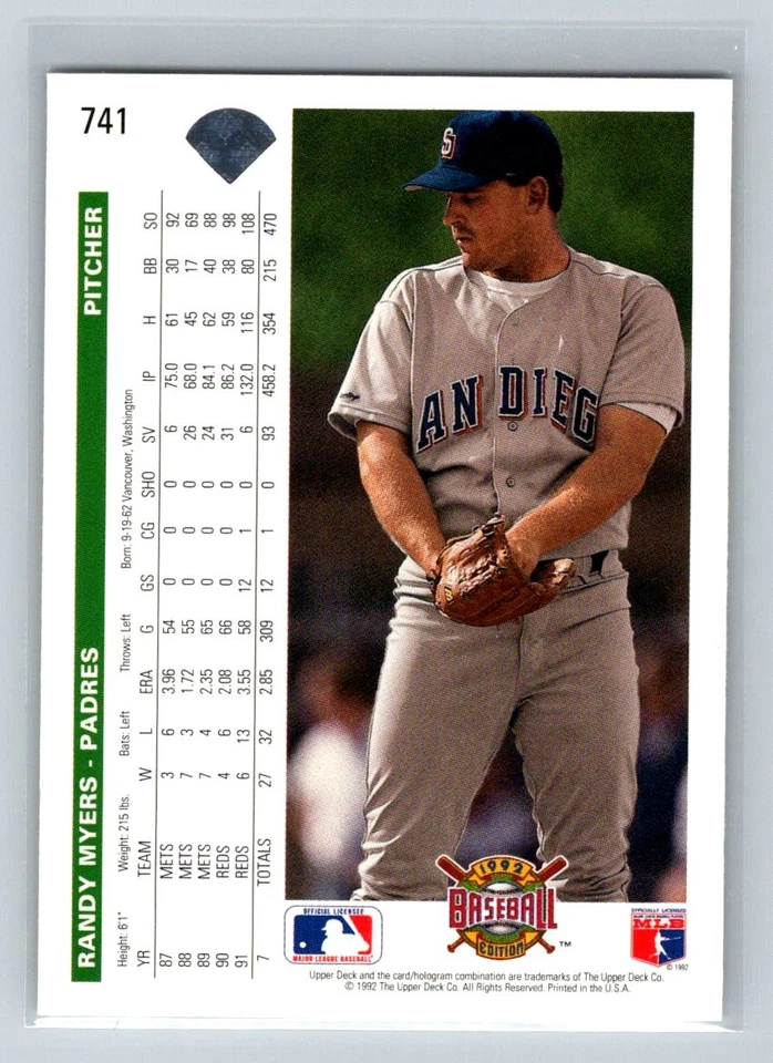 1992 Upper Deck #741 Randy Myers San Diego Padres Baseball Card - Image 2 of 2