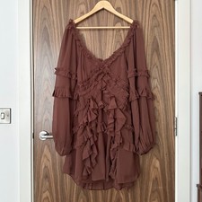 ASOS Brown Ruffle Frill Blouson Sheer Sleeve Open Back Boho Mini Dress 14 NEW
