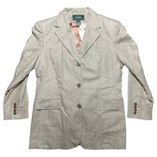 Lauren Ralph Lauren Blazer Jacket Women's 16 Beige Herringbone Silk Linen Blend