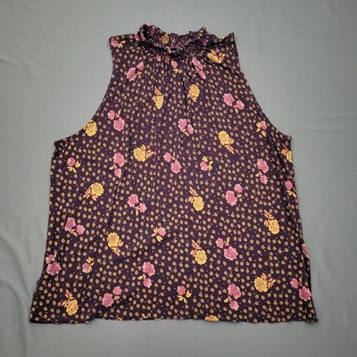 Loft Blouse Womens PL Petite Large Sleeveless Pullover High Neck Floral Brown
