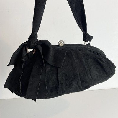 Laura Ashley Vintage Schwarz Leder Wildleder Schleife Tasche Mini Schultertasche