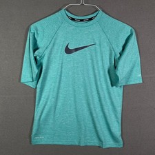 Nike Swim Rash Guard Youth Large Teal Dri-FIT UPF 3/4 Sleeve Swoosh Shirt