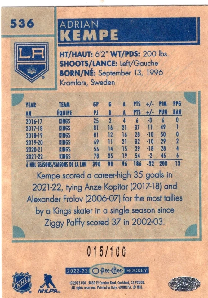 2022-23 O-Pee-Chee Rainbow Black #536 Adrian Kempe /100 - Image 2 of 2
