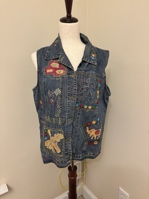 Chicos VTG Unique Patchwork Embroidery Denim Vest 100% Cotton Boho Size 2