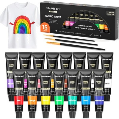 Textilfarbe Waschfest 15x12ml Stoffmalfarben Set mit Pinseln für T-Shirt Schuhe