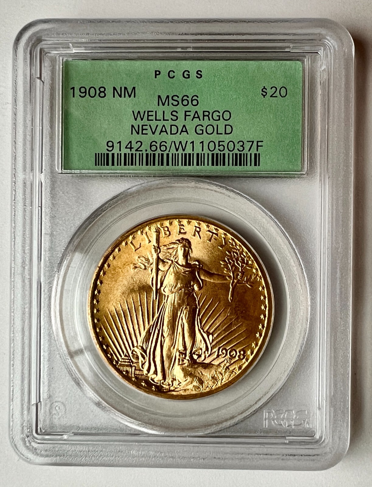 1908 NM Wells Fargo PCGS Green Label MS66 20 Double Eagle Gold St