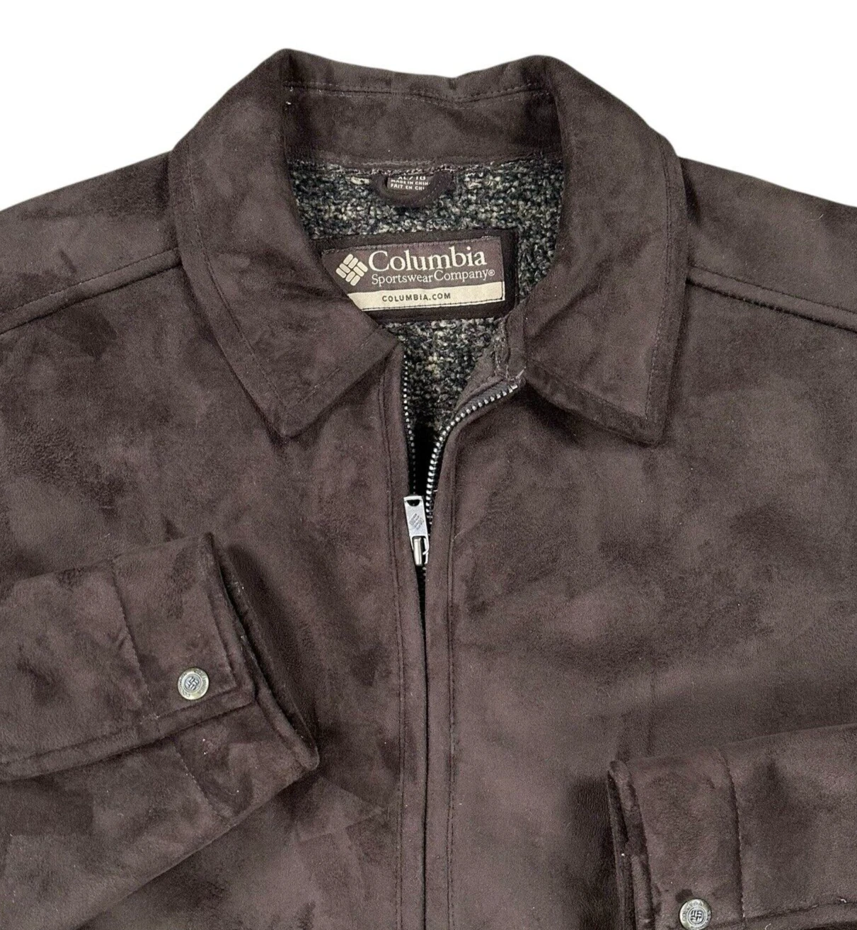Columbia Men's XL Full Zip Jacket Sherpa Lined Brown Suede Warm Bomber