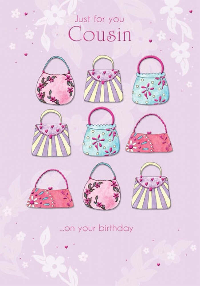 COUSIN Happy Birthday Greeting Card Girl Handbags - Piccadilly Greetings