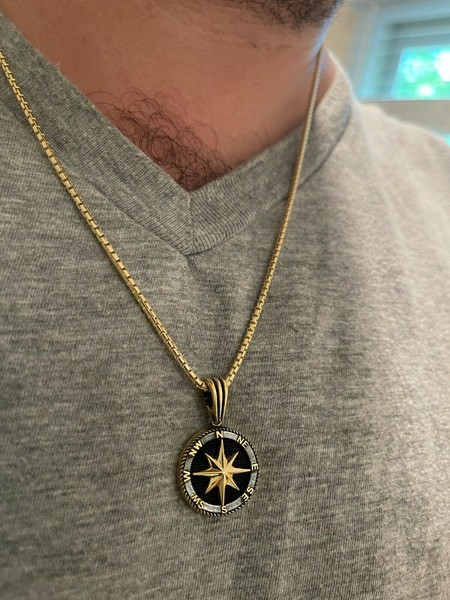 Alternate view of Real Solid 925 Silver 14k Gold Plated Navigation Star Compass Pendant Necklace