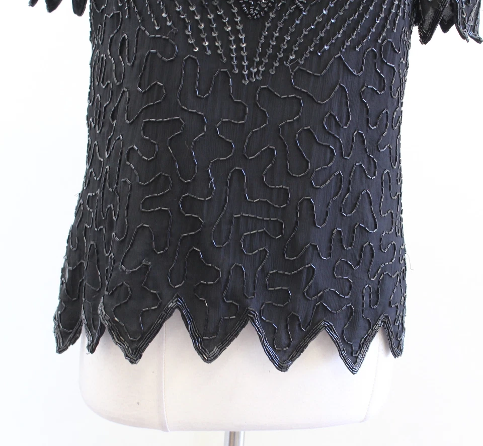 Blusa Top De Colección Negra Malla Seda Cuentas Lentejuelas Noche Formal Fiesta Talla S Años 90 Foto 3 de 4