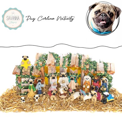 Pug Dog Nativity Set Handmade Dog Lover Gift by
