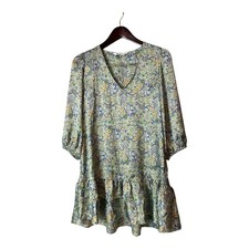 Zara Size Ruffle Hem Shift Mini Dress Green Satin Paisley 3/4 Sleeves Size M