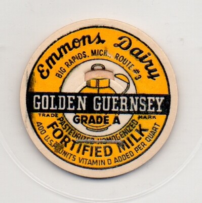 Milk Bottle Cap- Emmons Dairy - Big Rapids, Michigan, Route #3 - GOLDEN GUERNSEY