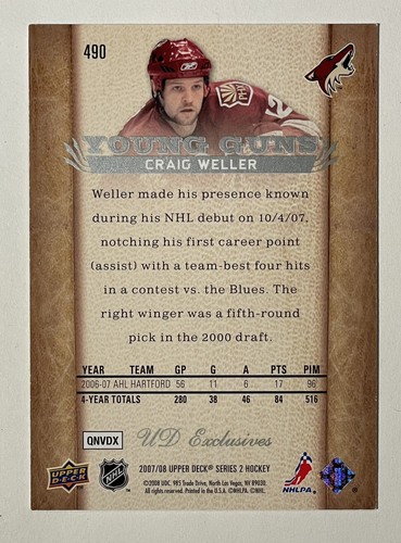 2007-08 Upper Deck Young Guns #490 Craig Weller Coyotes Exclusives /100 Sp - Bild 2 von 2