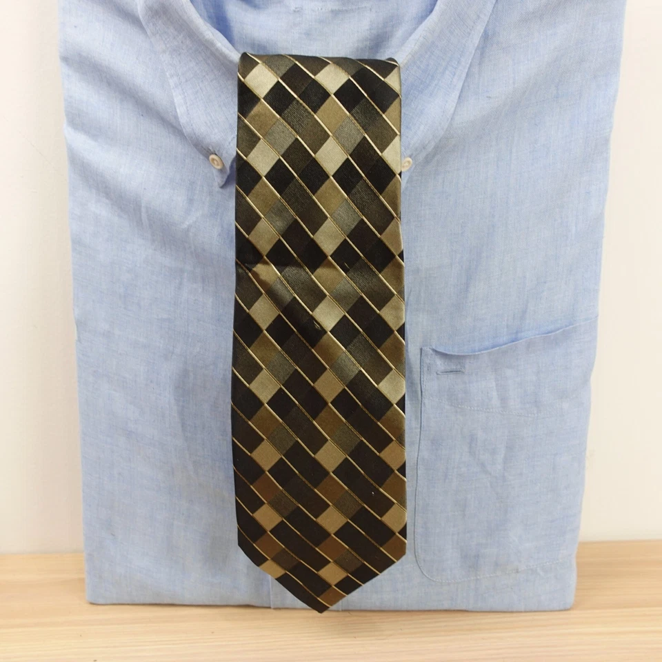 Neck Tie Mens Black Patchwork Check Textured Silk Dress Career VALERIO GARATI - Image 2 of 4