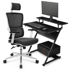 [ADJUSTABLE HEADREST CHAIR+WOOD COMPUTER DESK] High Back Seat Office Workstation