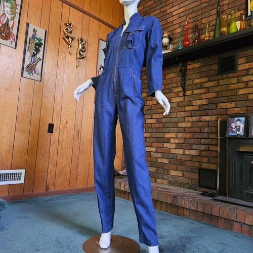 Vtg 70s 80s Disco Fredericks Of Hollywood Zip Front Dark Denim Jeans Jumpsuit M - Picture 4 of 9