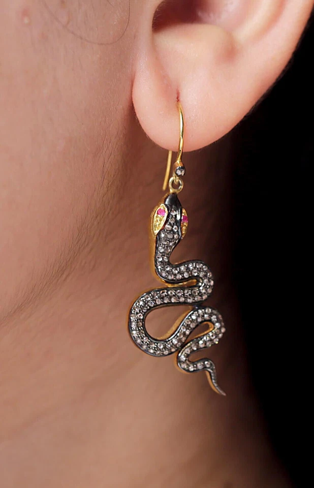 14K Gold Snake Dangle Earrings 925 Silver Wedding Diamond Pave Fine Jewelry - Image 2 of 4