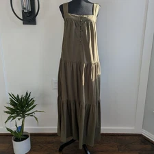 Faherty Marina Maxi Womens Dress Medium Organic Cotton Seersucker Dark Olive NWT