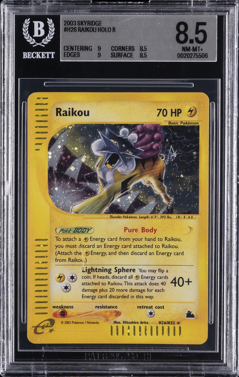 2003 POKÉMON SKYRIDGE HOLO R #H26 RAIKOU BGS 8.5