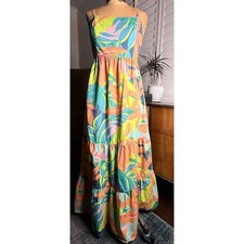 Sincerely Jules Tropical Palm Print Maxi Dress Smocked Tiered Cotton Sundress S