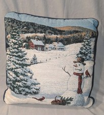 VTG 2000s Snowman Tapestry Pillow 16x16 Winter Landscape Holiday Christmas USA