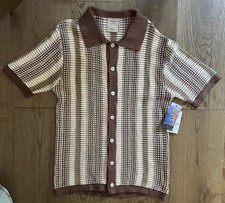 NWT Mens Massive Luxury Brown Stripe Crochet Short Sleeve Button Shirt Size: Med