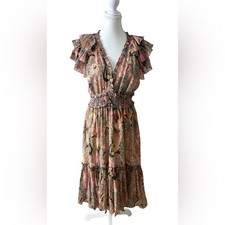 Ulla Johnson Silk Blend Ruffle Midi Dress Floral Boho Size 6 Romantic Feminine