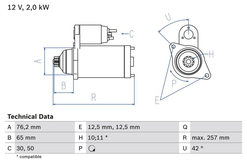 Démarreur BOSCH robuste de 1.7kW pour transmission manuelle VW 02M911023A