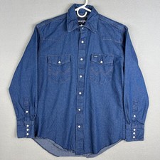Wrangler Cowboy Cut Western Work Shirt Mens M Blue Denim Snap Button Down Casual