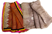Vintage Saree Indian Women Wrap Embroidered Sewing Sari Curtain Drape 2 Pc Sari
