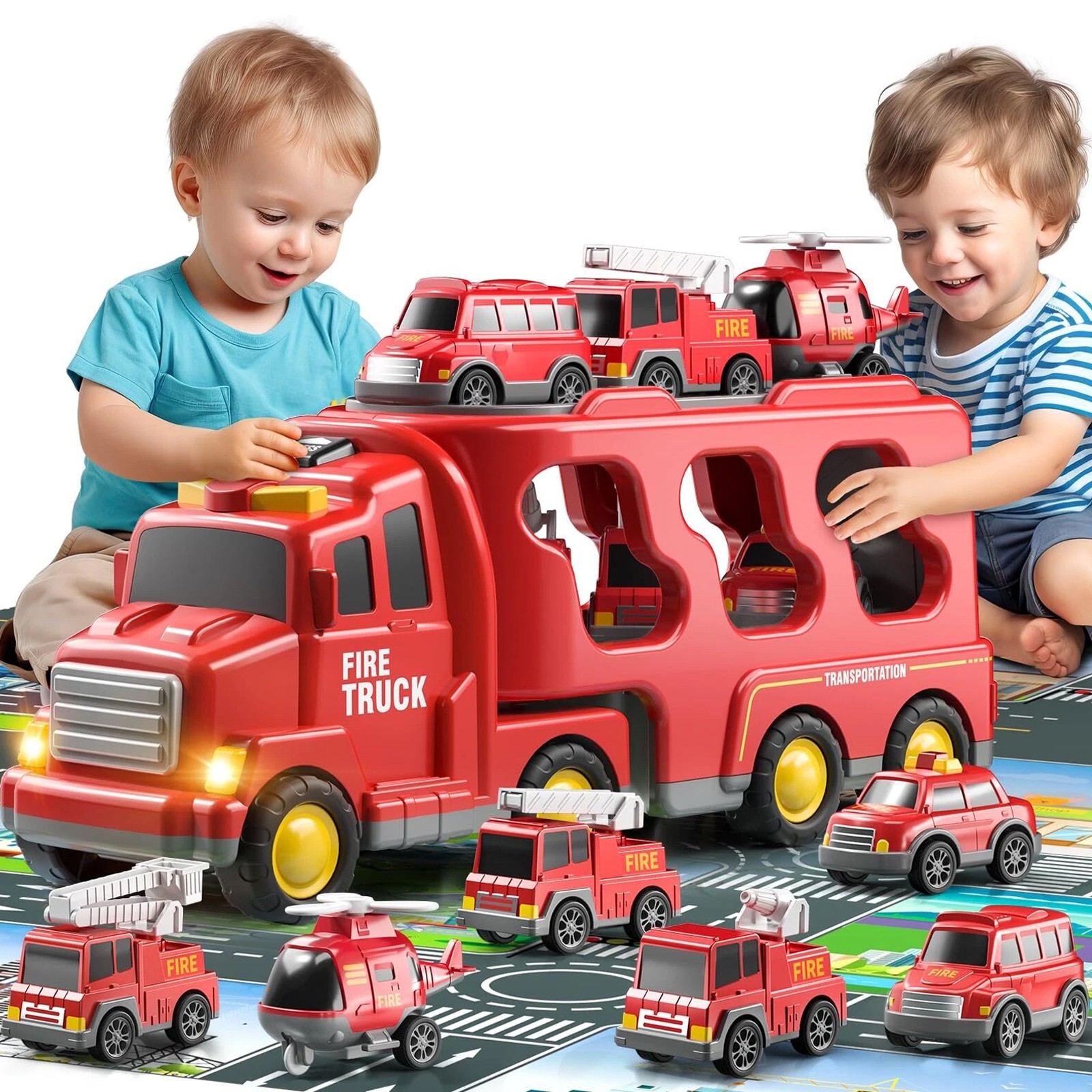 7 in 1 LKW Feuerwehrauto mit Licht und Musik Auto Transporter Kinder Spielzeug