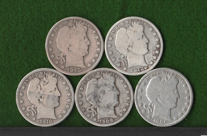 1906-D 1908-O 1910-S 1912-D 1915-D BARBER HALF DOLLARS 90% Silver Set of 5