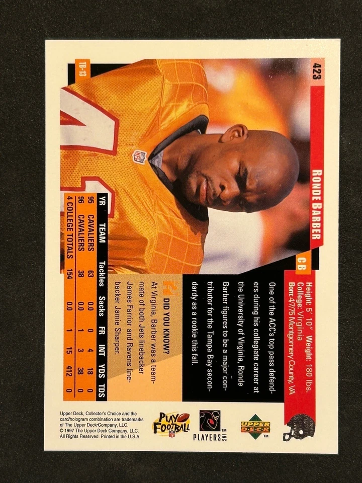 1997 Upper Deck Collector's Choice Ronde Barber #423 Rookie RC - Image 2 of 2