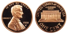 1991 -S Lincoln Memorial Cent Gem Proof Single Coin  with free shipping & track