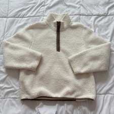 Womens Medium Sherpa Jacket Sweater White Fleece 1/4 Zip Pullover Winter Fall