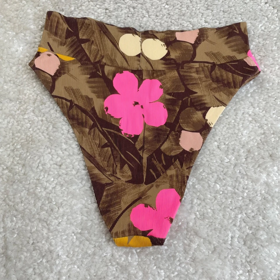 Aerie High Cut Cheeky Bikini Bottom Scoop Rib Top Set Brown Pink Womens Large - Image 3 of 4