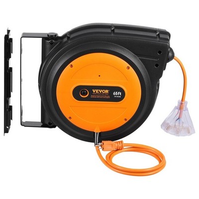 Retractable Extension Cord Reel, 65 FT, Heavy Duty 12AWG/3C SJTOW Retractable Po