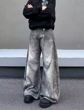 Y2K Baggy Wide Leg Jeans Men Vintage Grey Wash Oversized Streetwear Skater Denim