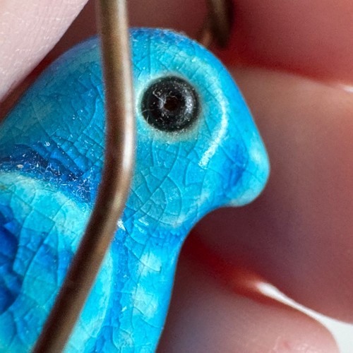 Vintage Turquoise Blue Parrot Bird Ceramic Dangle Earrings Leaf Top Unique Perch - Picture 4 of 6