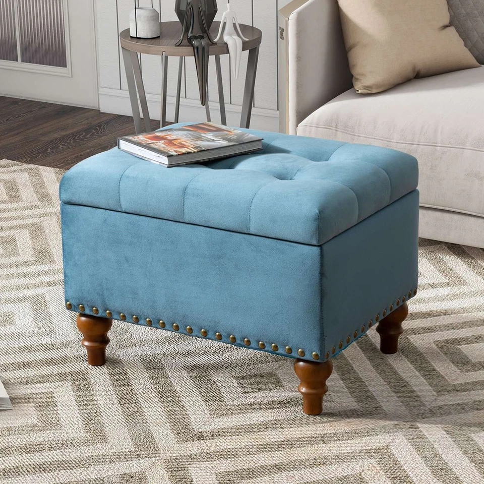 Banco otomano tapizado de terciopelo cuadrado con bisagra de soporte oculta para espacio de almacenamiento Foto 2 de 4