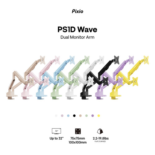 Pixio PS1D Wave 100x100mm & 75x75mm Premium Dual Monitor Arm | Multiple Colors