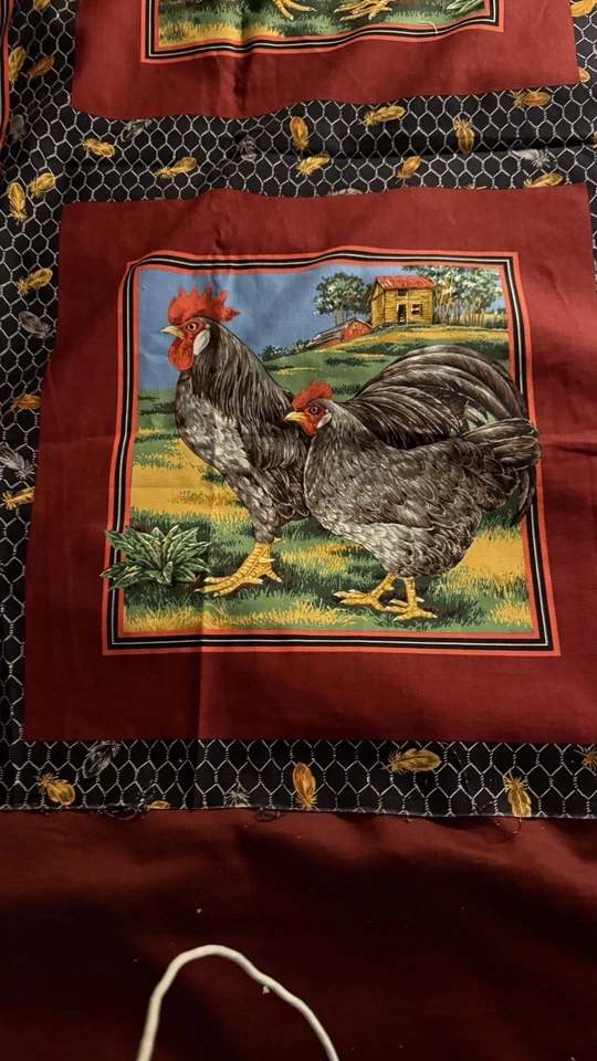 Rare VIP Cranston Joan Messmore Rooster Hen Chicken 4 Block Pillow Panel Fabric - Image 4 of 4